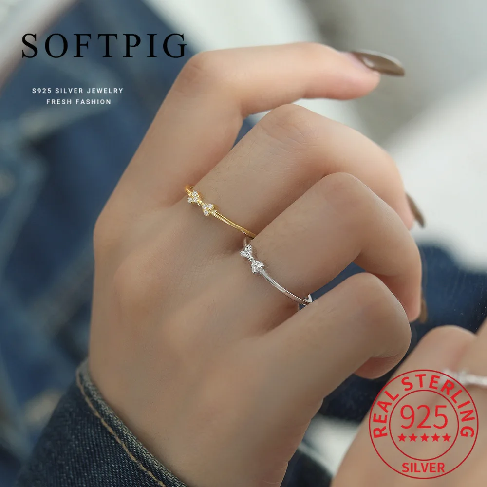 SOFTPIG Genuine 925 Sterling Silver Mini Zircon Bowknot Adjustable Ring For Women Party Classic Fine Jewelry Trendy Accessories