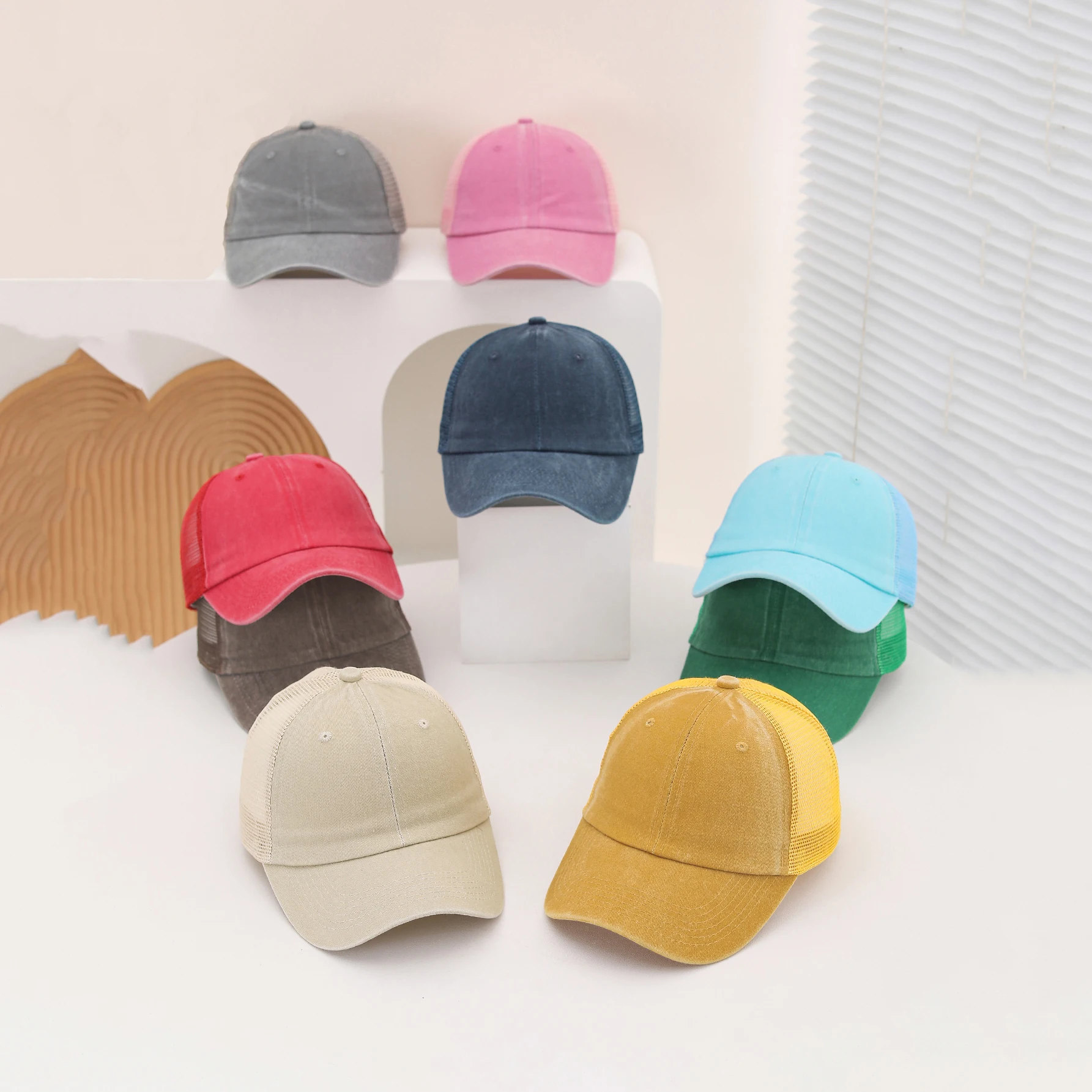 Casual Water-Washed Mesh Baseball Cap, Adjustable Curved Brim Baseball Cap, Summer Sweat-Absorbing and Breathable Sun Hat