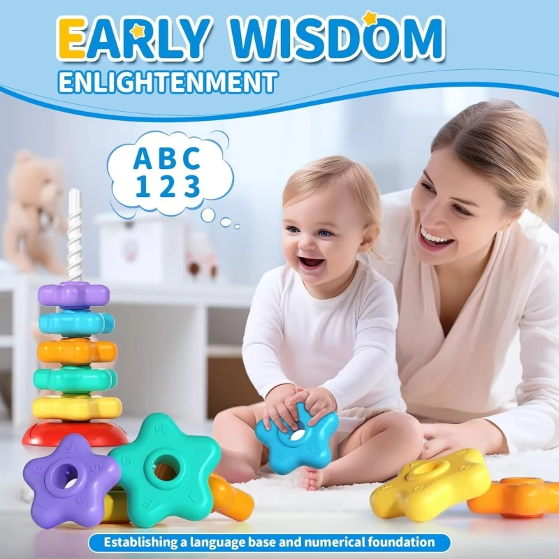 Montessori Rotating Rainbow Tower Baby stacking Puzzle Toys Develop Educational Game Fine Motor Skills Interactive Toys for Kids