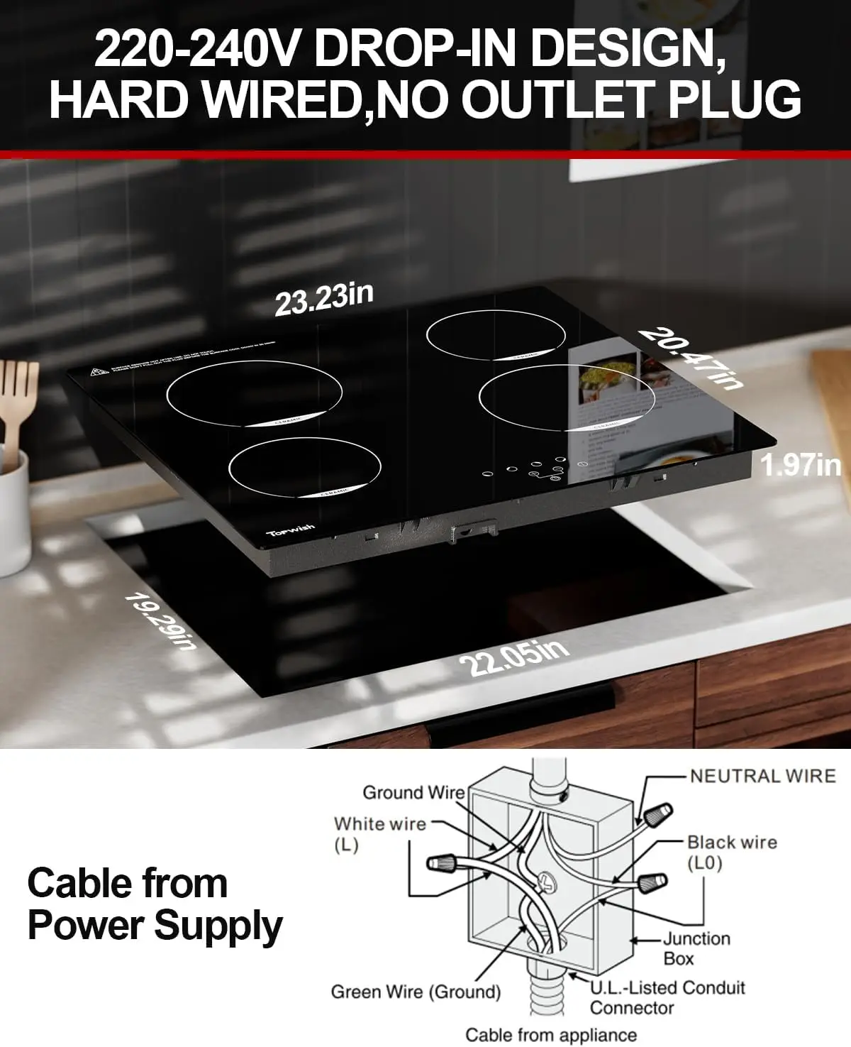 24 Inch Electric Cooktop 4 Burners, Ceramic Drop-in, 6000W, Touch Control, Safety Lock, Timer, 220-240V, Hard Wired