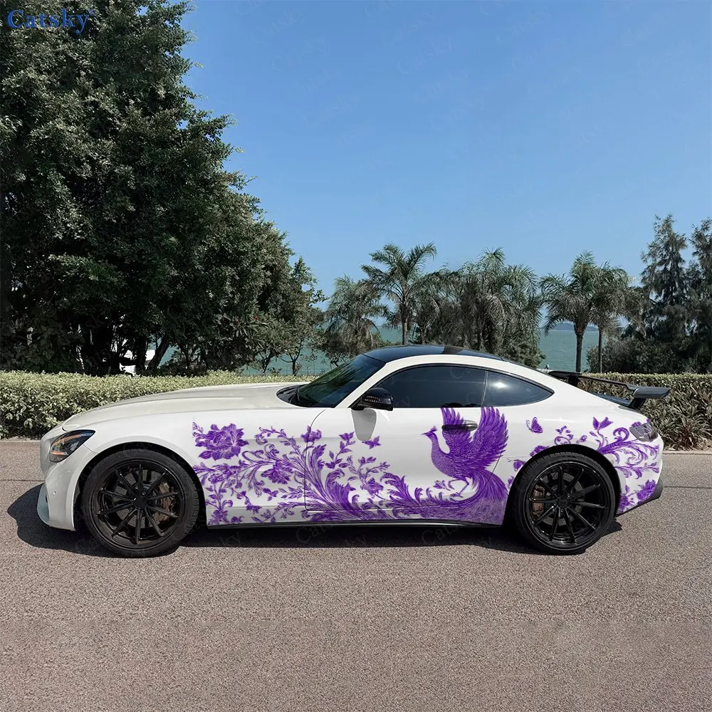 2pcs Classic Line Art Purple Phoenix Car Side Wrap, Self-Adhesive PVC Waterproof & Scratch-Resistant Sticker, Car Accessory Gift