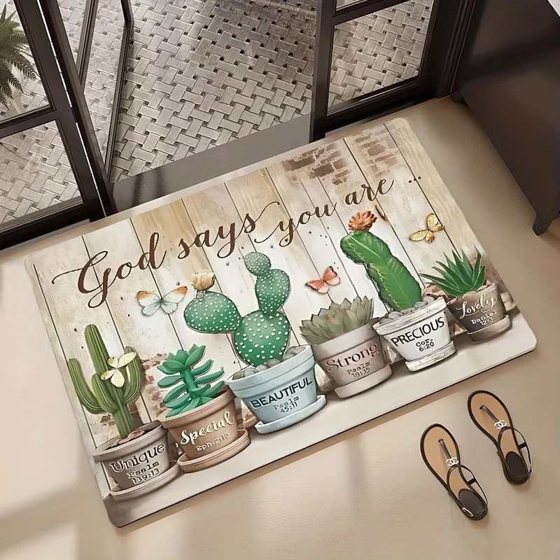God Says You Are Cactus Rug Succulent Plant Print Floor Mat Religious Christian Home Decor, Non-Slip Doormat for Entryway Living