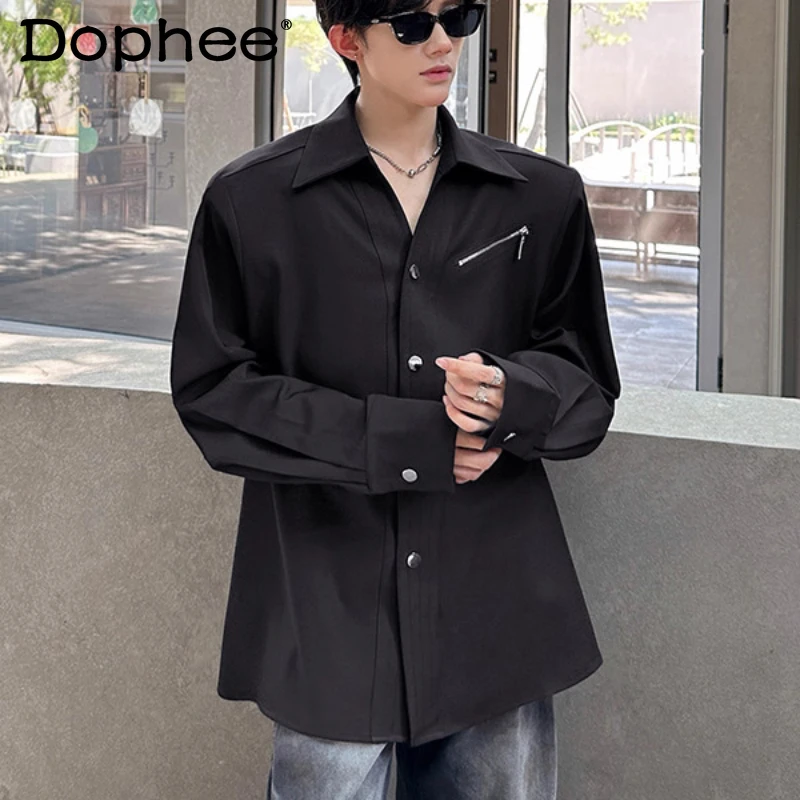 

Осень-зима 2022, мужские стильные высококачественные рубашки с длинными рукавами, модные топы с металлическими пуговицами, мужская модная рубашка с подкладкой на плечах и v-образным вырезом