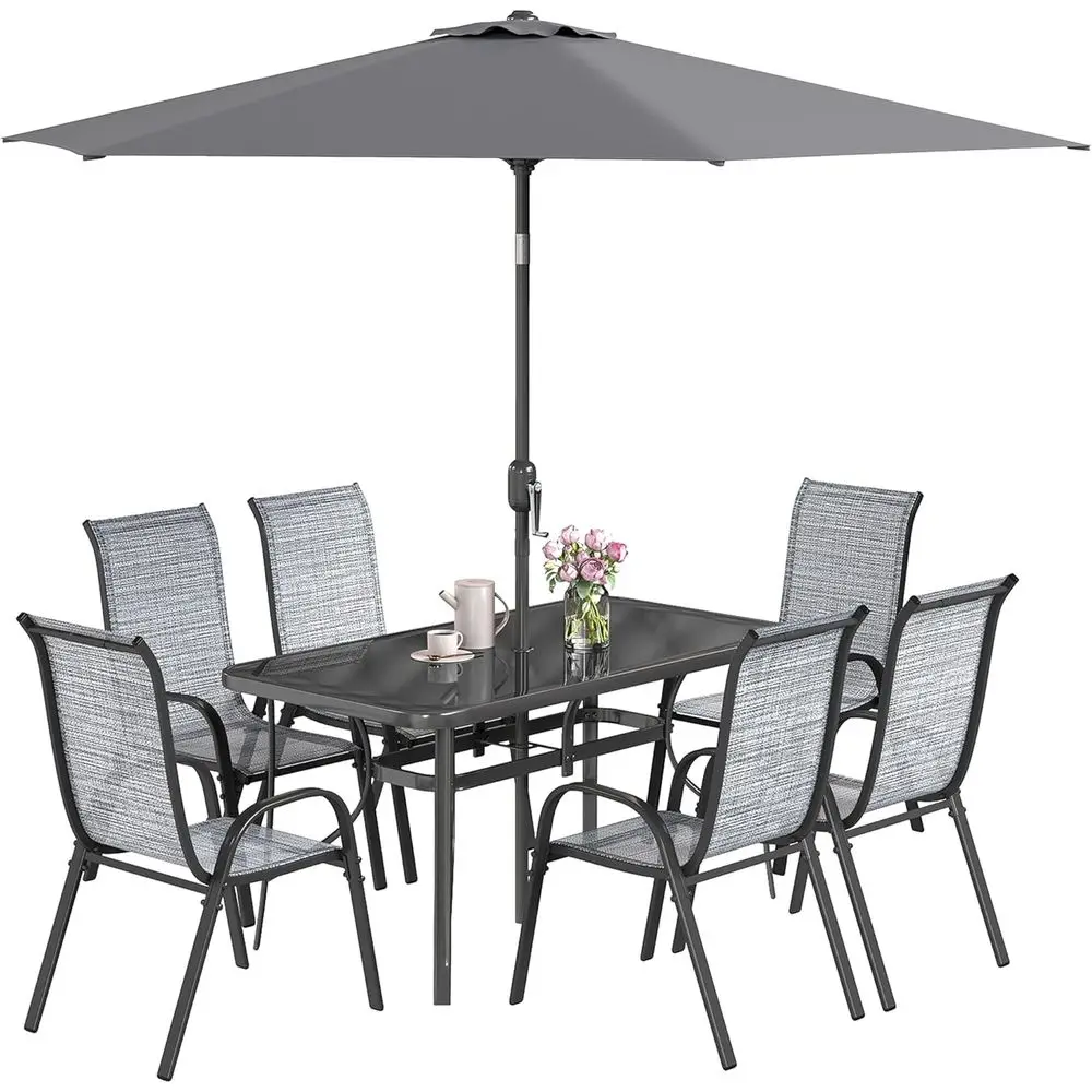 

8-Piece Patio Table and Chairs Set with 9ft Umbrella, Outdoor Dining with 4.6ft Table and 6 Chairs, Push Button Crank Parasol, T