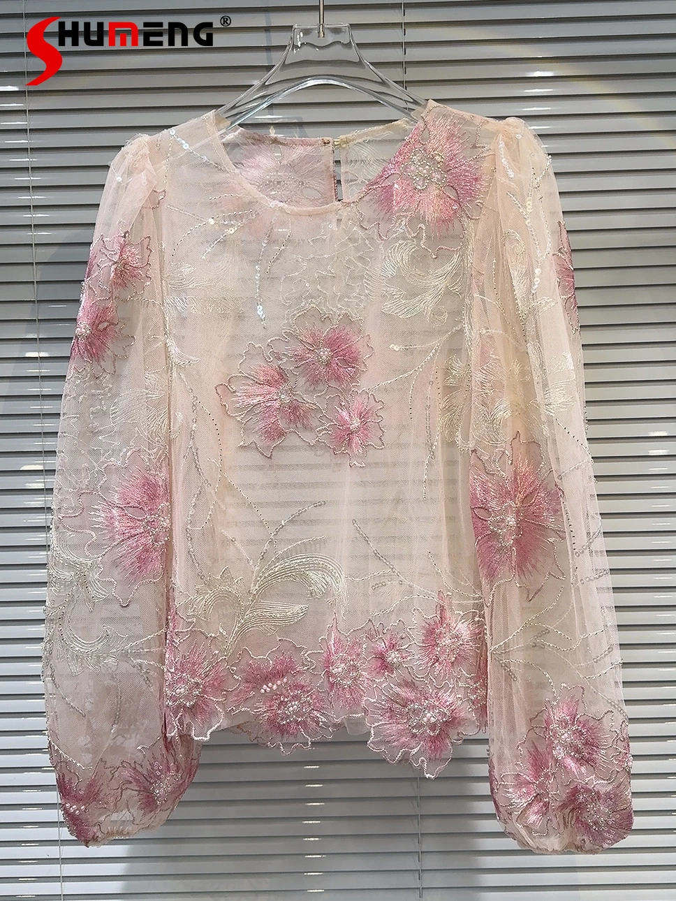 

Fashion 2024 Summer New Small Fragrant Sequin Embroidery Pattern Women's Elegant Chiffon Shirt Feminine Long Sleeve Small Blouse