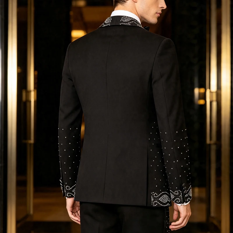 Men's 2‑Piece Slim Fit Suit Set‑Drapey 2‑Button Polyester Tuxedo, Beaded Paisley Hot‑fix Rhinestone Shawl Lapel Blazer, Long Sleeve V‑Neck Formal Suit for Wedding Prom Menswear