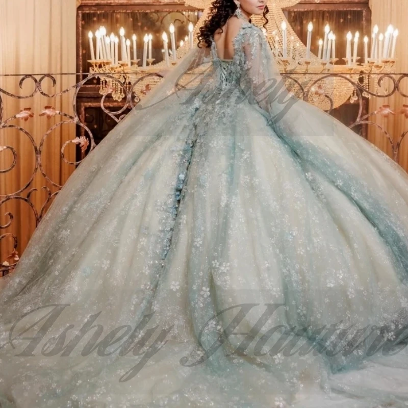 Robes de Quinceanera de sauge élégantes personnalisées avec Cape, robe de bal avec appliques florales pour femmes, tenue de bal pour occasions spéciales, fête d'anniversaire
