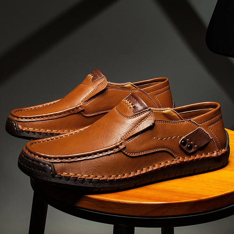 

Brown Hand-stitched Leather Loafers for Men Slip-on Comfortable Non-slip Casual Moccasins for Office and Daily Life