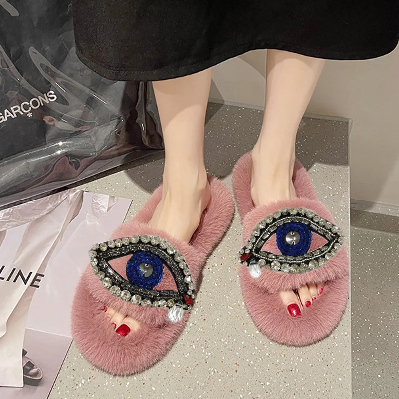 Size Plush Women\'s Shoes In Autumn And Winter Wear Cotton Slippers Fashion Devil Eyes Faux Fur Slippers Indoor Home Floor Shoes