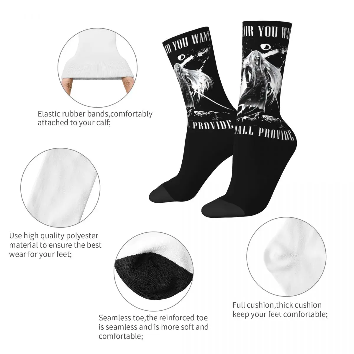 Sephiroth FF7 The One Winged Angel Final Fantasy Socks Men's Women's Casual Socks Novelty Spring Summer Autumn Winter Socks Gift