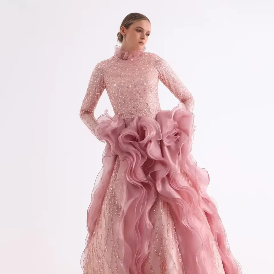 Dubai Luxury Long Sleeve Princess Ball Dress Elegant Crystal Shining Evening Dress A-line Tulle Graduation Dress Customization