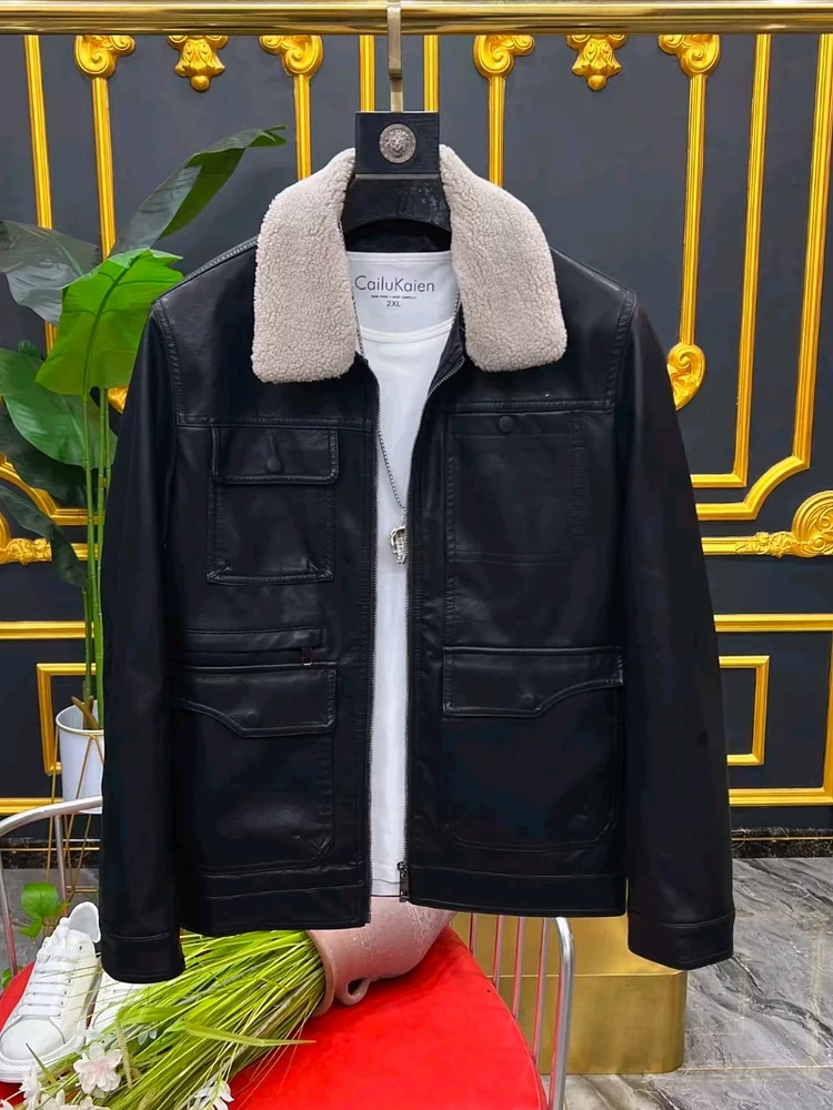 

Fall New Men's PU Leather Collar Jaet Casual Cool Busin European High-End Faion Trendy Stand Fit Long Sve Zipper