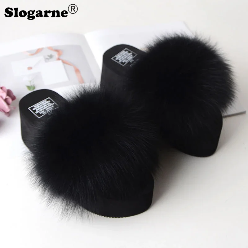 Ladies Modern Fox Fur Slippers Women Fashion Outdoor Fur Slides 5cm Thick Sole Summer Platform Shoes Girls High Heels Flip Flops