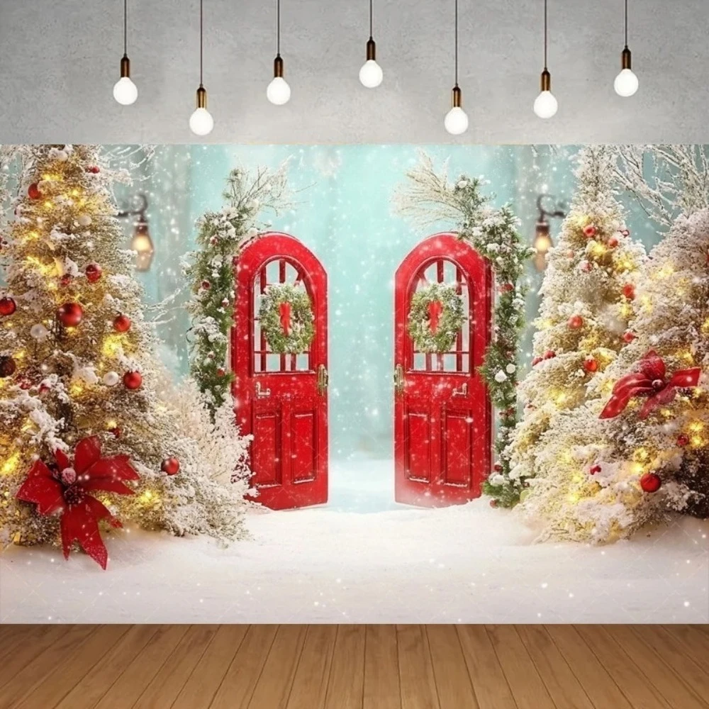

Winter Christmas banner photography background image, Arctic Christmas tree outdoor red door children portrait photo background