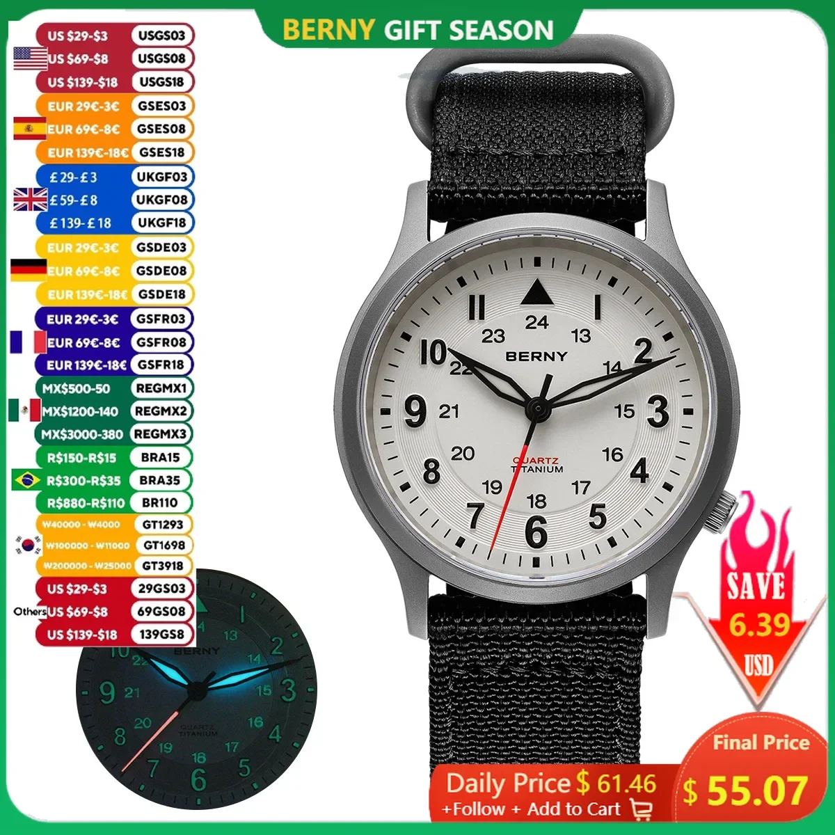 Relojes BERNY de titanio para hombre, reloj clásico de piloto de campo para hombre, reloj de pulsera de cuarzo para exteriores de fácil lectura,