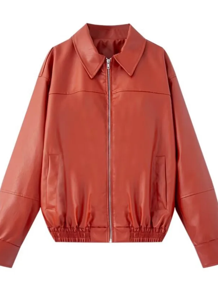 

Autumn Winter New Fashion Imitation Leather Bomber Zipper Jacket Coat Women's Vintage Lapel Long Sleeve Casual Female Outerwear
