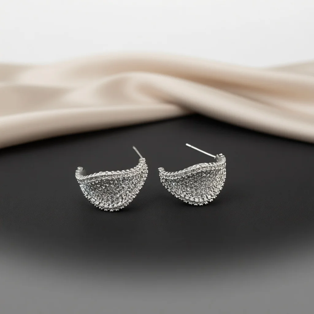 Fan‑Shaped Pave Zircon C‑Shape Stud Earrings Scalloped Edge Half‑Hoop Design Two‑Tone Women Earrings Sparkling Fashion Jewelry