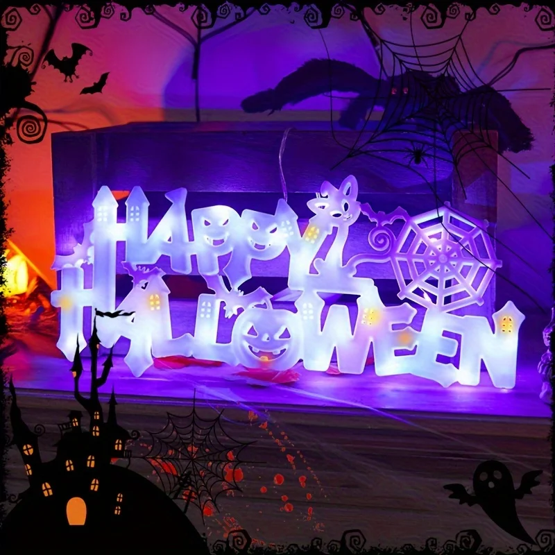 Happy Halloween LED Hanging Sign Light, Pumpkin Bat Spider Web Shape Decor Lamp for Halloween Party Home Wall Decoration