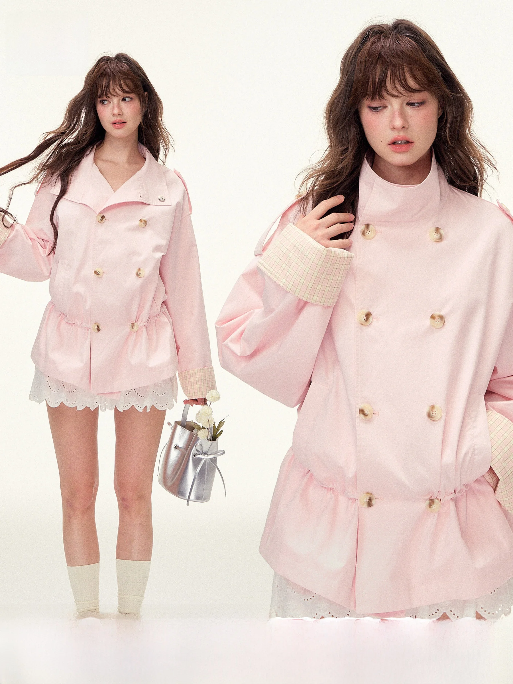 

Регулируемая свободная повседневная розовая куртка-ветровка с пэчворком на пуговицах для ранней осени, универсальная, для поездок на работу, с длинными рукавами, средней длины, из хлопка