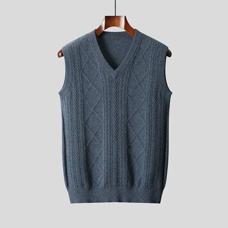 Birdtree 100%Cashmere Winter Thickened Tank Top Men's V-neck Sleeveless Commercial Casual Knitted Sweater Vest New T3N001QC