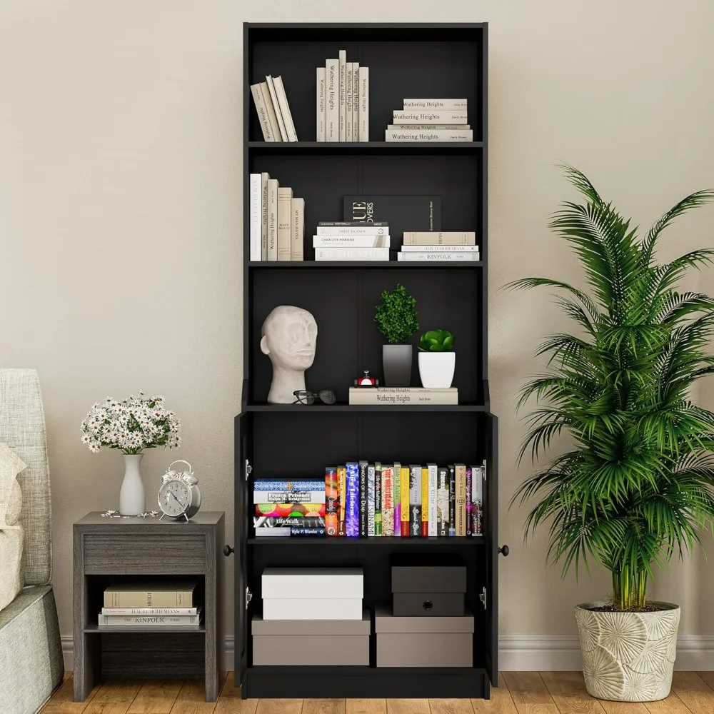 75 Inch Tall Bookshelf with Doors, Modern Floor Standing 5-Tier Bookcase with Storage Cabinet and Adjustable Shelves