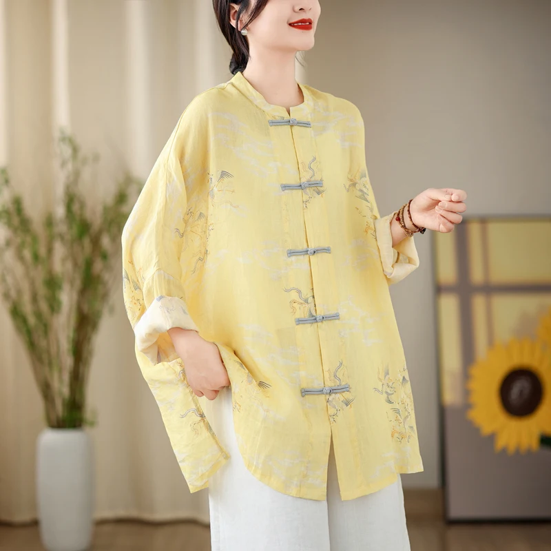 Retro Sle Button up Cotton Linen Print Long Sve Stand Collar Batwing irt Sun Protection Outerwear for plus Size Women