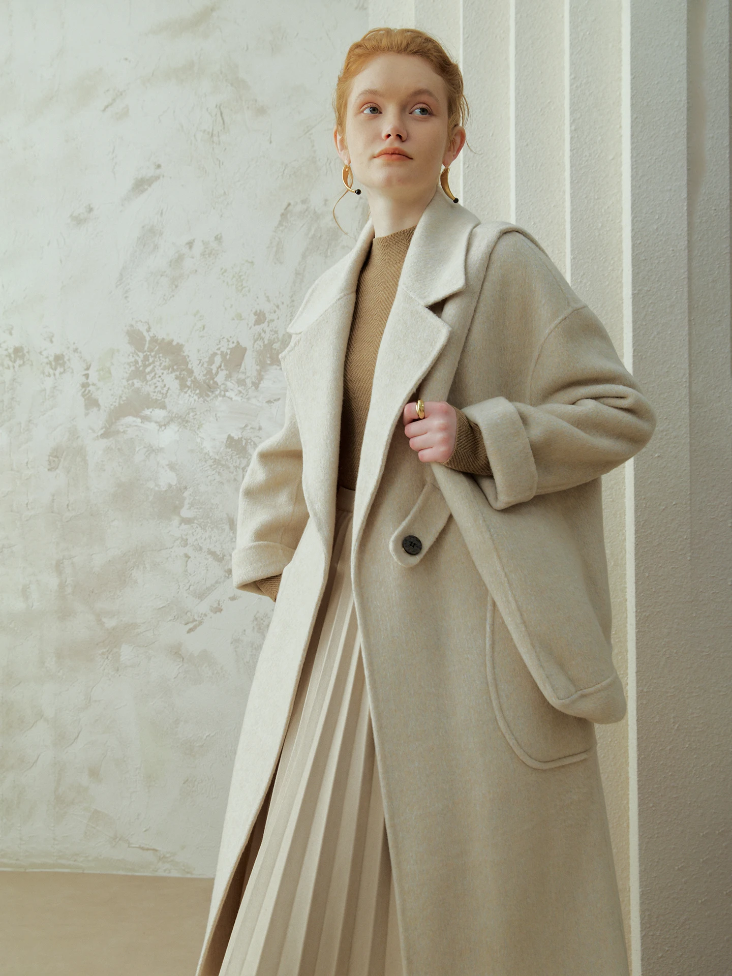 

Шерстяное пальто из альпаки Aozhiguo, женское, средней длины, двустороннее, твидовое, с сумкой-тоут, для повседневной носки, свободного кроя, с длинными рукавами