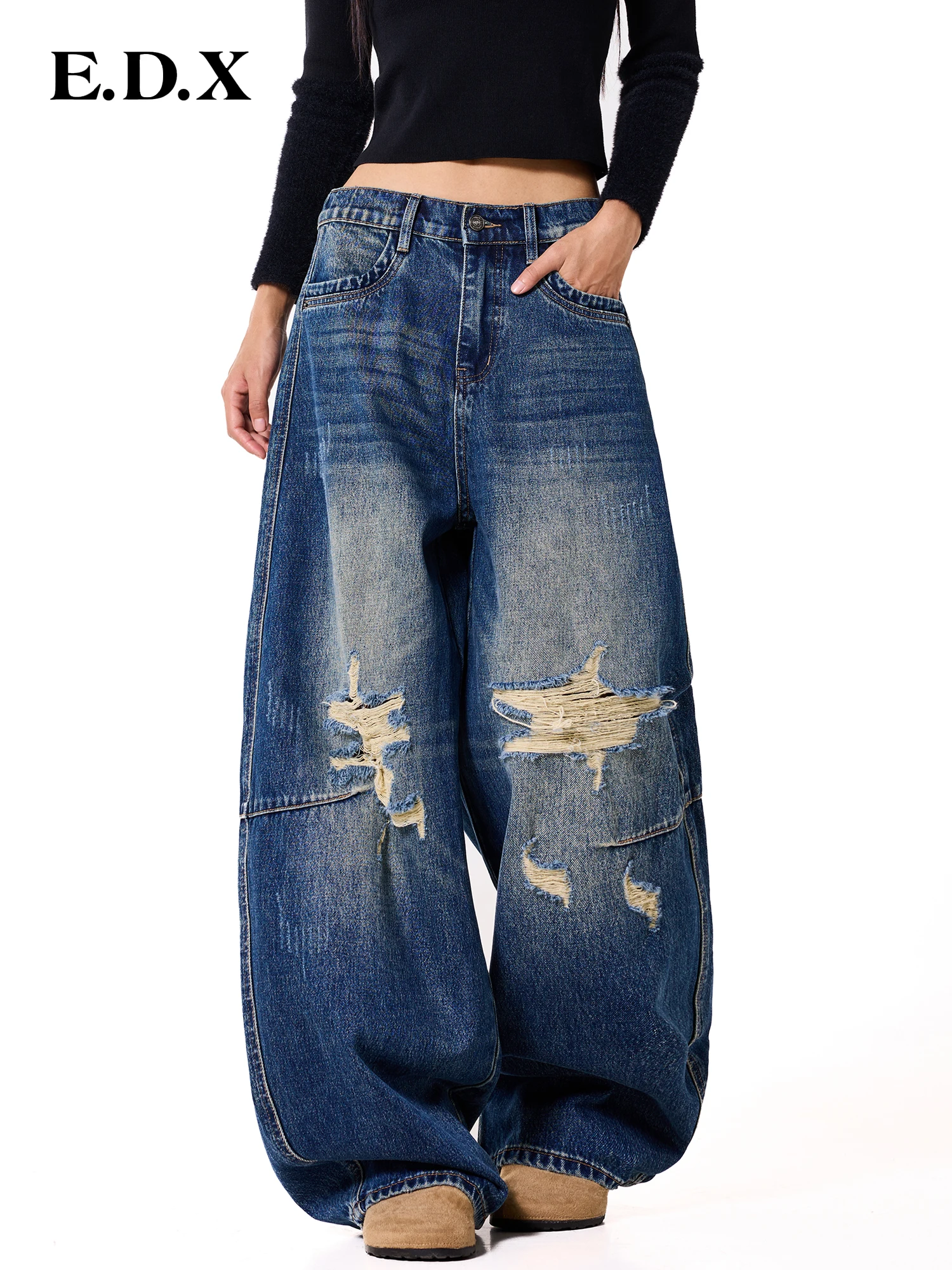 EDX Women's Wide Leg Denim Jeans Spring Autumn Loose Waist Distressed Faded Draping Slimming Floor-Length Trousers Trendy