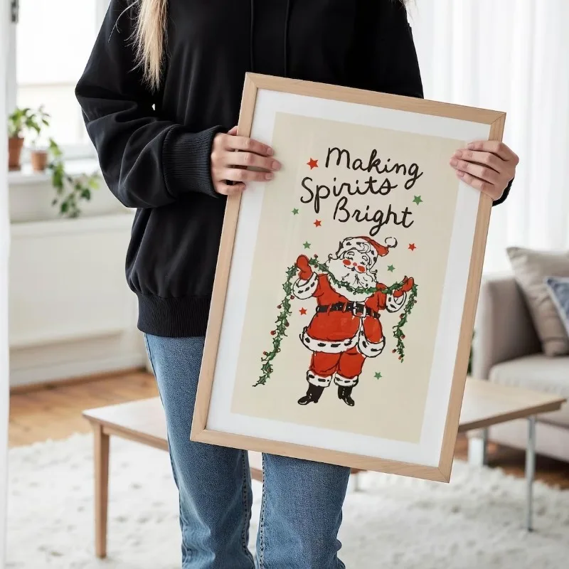 Vintage Santa Making Spirits Bright Christmas Canvas Poster Prints Frameless Wall Art Festive Winter Cozy Home Cute Decorations