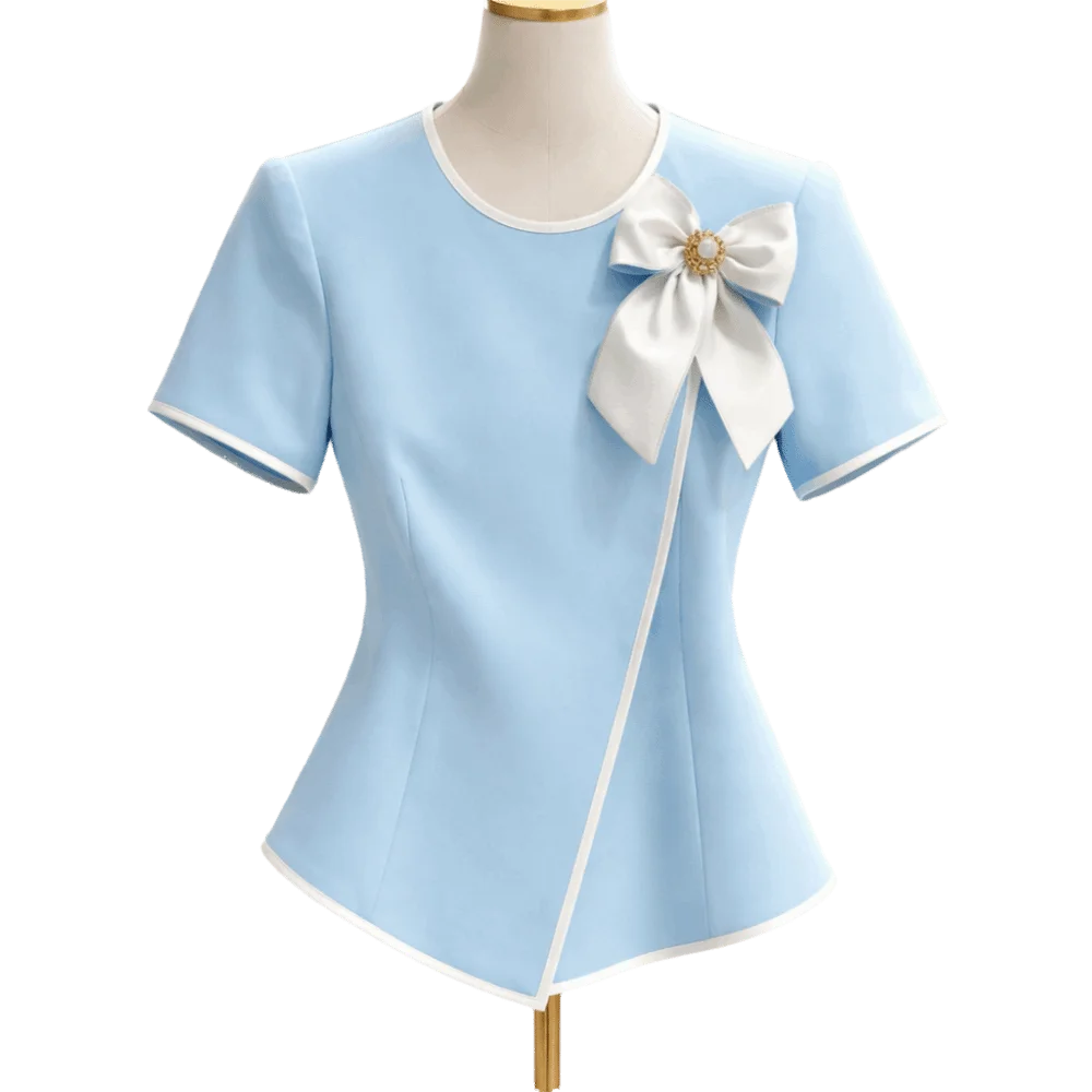 

Korean Style Asymmetric Hem Women's Short Sleeve Round Neck Slim Fit Office Blouse Elegant Bow T-Shirt Summer Season