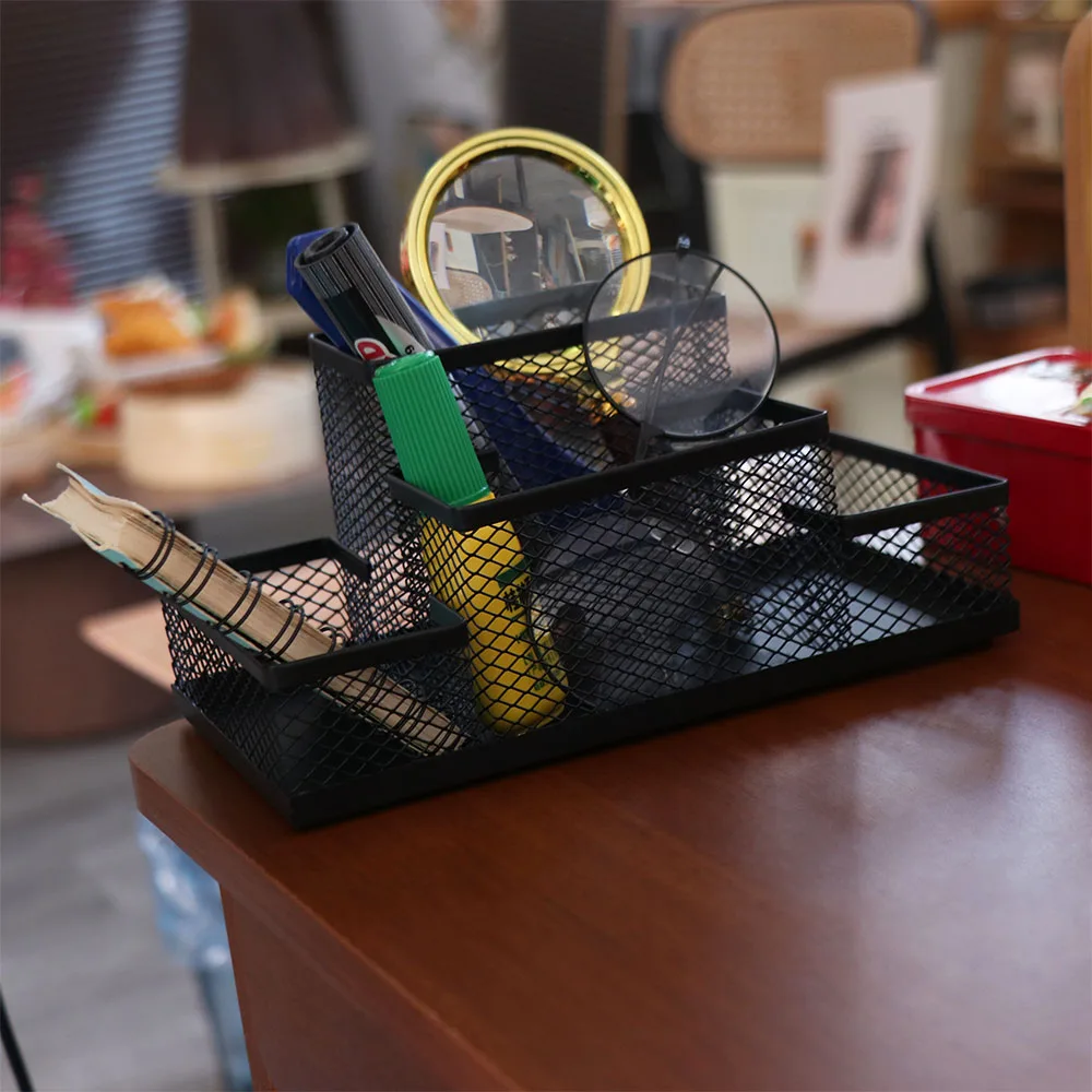 Metal Pen Holder Mesh Design Large Capacity Pencil Storage Box 3/4 Grid Black Desk Stationery Organizer Student