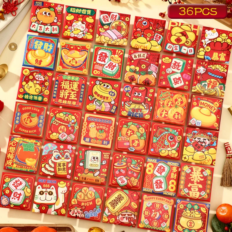 36 Stuks Chinese Lente Festival Rode Envelop Cartoon Slang Jaar Rood Zakje Chinese Traditionele Geluk Envelop Leuke Geldpakketten