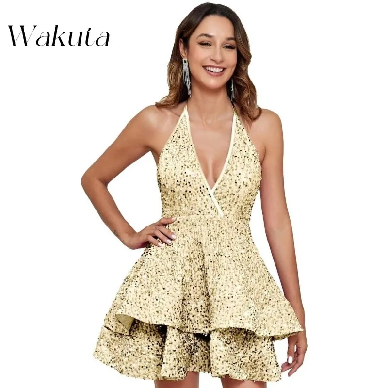 Wakuta Rotterdam Kly Sequin fur s for Women, Zones Ecoming fur s, Short Layered Spaghetti Strap, Prom Robe, A Line Cocktail, Christmas Party VestiEducational