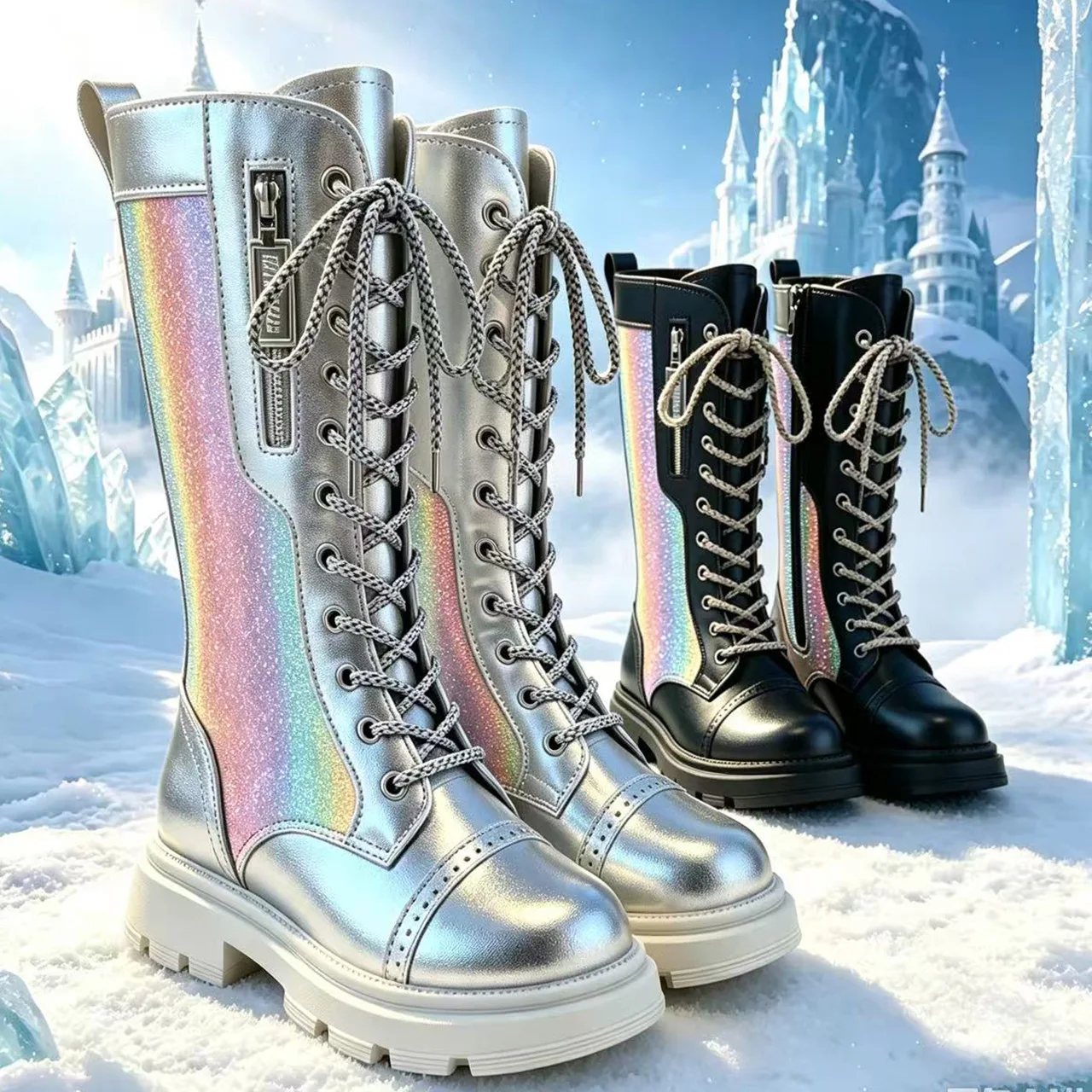 New Fall Winter High-Top Soft-Soled Boots Girls Student Non-Slip Warm High Boots Kids Children Comfortable Shiny Fashion Boots