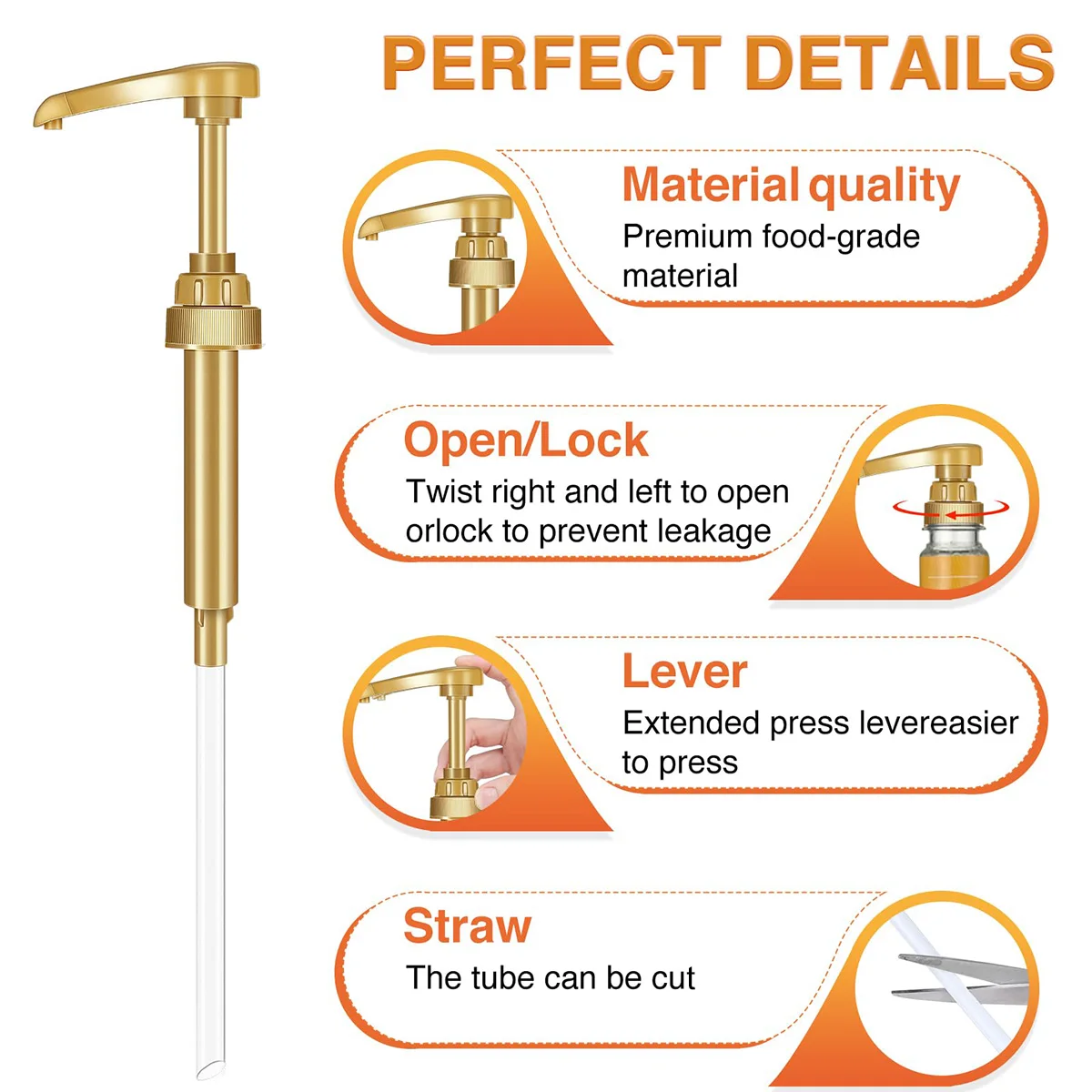 Golden Syrup Pump, Coffee Syrup Pump Dispenser for 750ml/ 25.4oz Syrup Bottle, Gold Pumps for Coffee Syrups, Teas, Snow Cones
