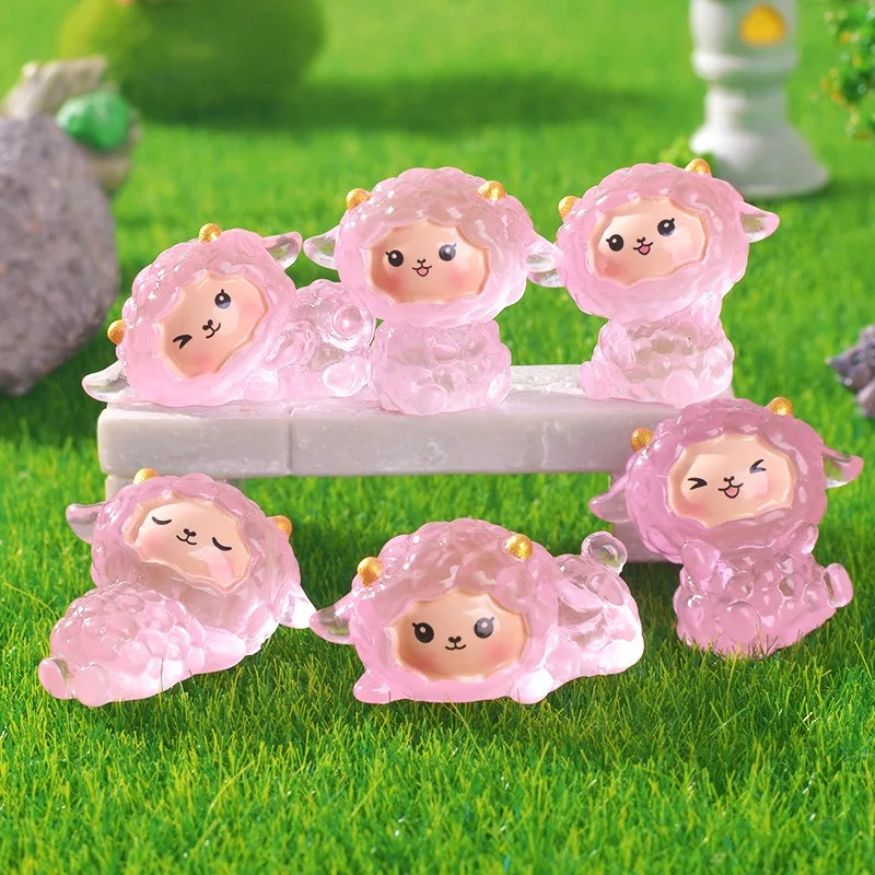 

12PCS Pink Sheep Micro Landscape Small Ornament Cute Animal Small Pink Sheep Luminous Small Ornament Resin Accessories