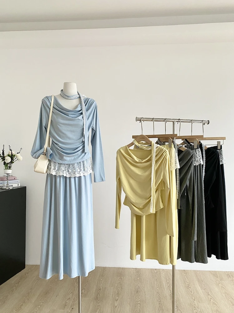 

Harajuku Solid Slash Neck Slim Fit Crop T Shirt + Pleated Y2k Aesthetic Long Skirts 2025 Spring Autumn 2 Pieces Set Outfits