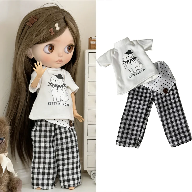 Para blythe boneca roupas princesa renda empregada saia conjunto dos desenhos animados gato xadrez calças vestido vintage roupas ob24 ob22 1/6 acessórios