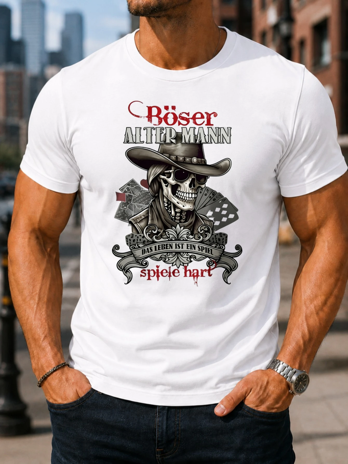 Bad old man motto with cowboy skeleton cards and dice graphic with vivid centered artwork and a  Unisex All T-Shirt