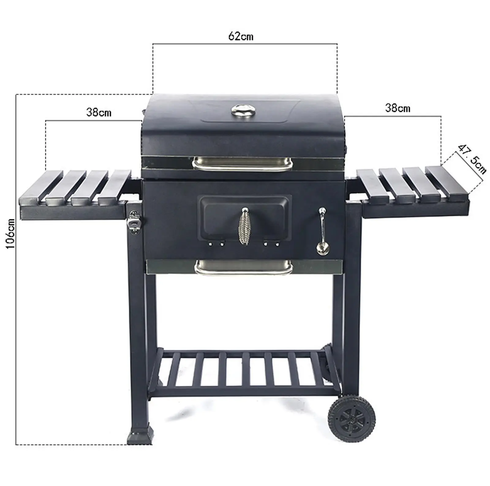 Charcoal BBQ Grill with Adjustable Tray, Foldable Side Table, Pull-Out Ash Tray, and Wheels for Outdoor Cooking, Camping