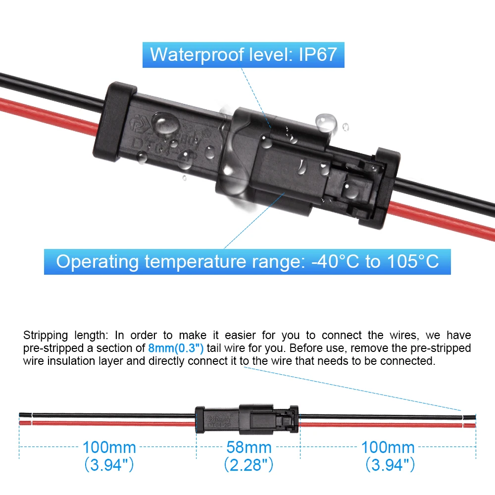JRready 12Packs 2 pin Connectors, Car Waterproof Electrical Connectors 16AWG (26/0.254) Tinned Copper Wire with Extraction Tool
