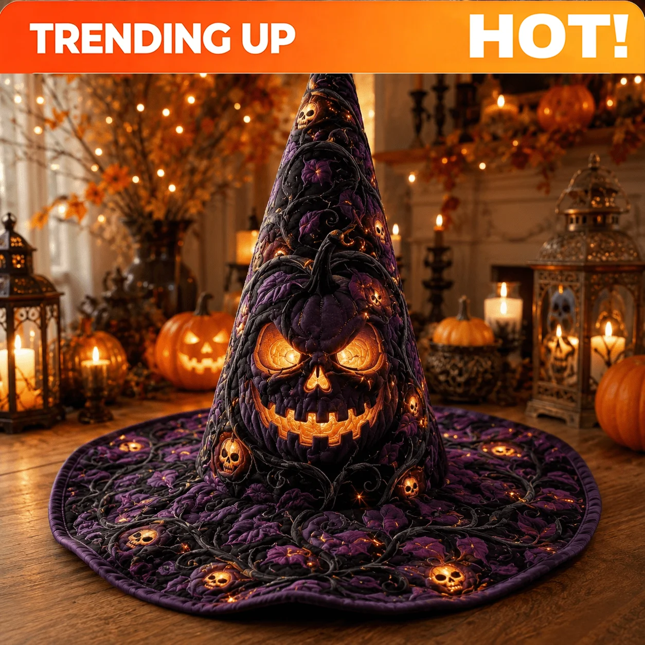 Customization Halloween Quilted Witch Hat For Women, Mini Skull Lantern, Thorny Vine And Glowing Ember Pattern, Distinctive