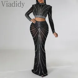 Women Sexy See Through Sheer Mesh Rhinestone Decor Long Sleeve Top and High Waist Mermaid Skirt 2pcs Set