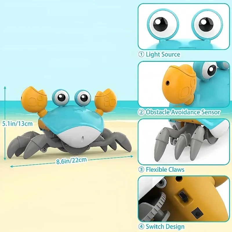 Crawling Crab Baby Toys with Music LED Light Up Musical Toys for Toddler Automatically Avoid Obstacles Interactive Toys for Kids