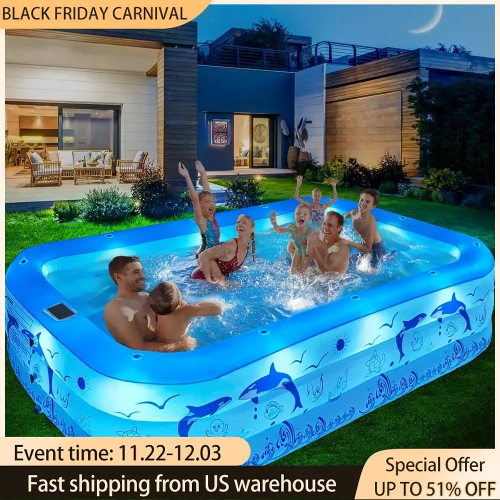 Inflatable Pool with Lights, Swimming for Kids,Adults, Blow Up Pool Solar Powered, Large Kiddle , Pool for Backyard