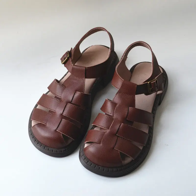 Big head loose full leather leather literary and retro hand-woven T-button foreign trade goods thick-soled soft Sennu sandals
