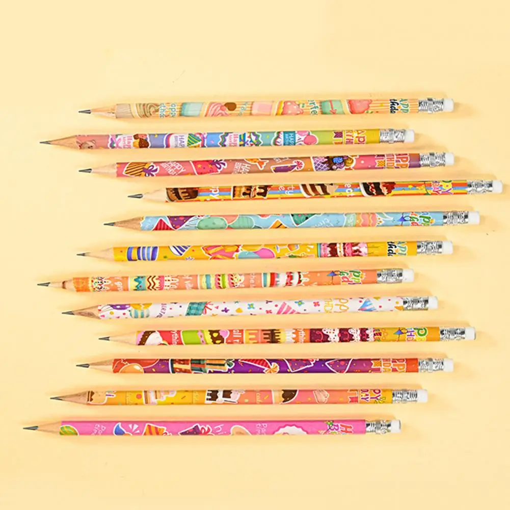 Teacher Pencils Cute Cartoon Pattern Pencils Fun Festive Birthday Pencils 24 Wooden Pencils with Top Erasers for Kids' Birthday