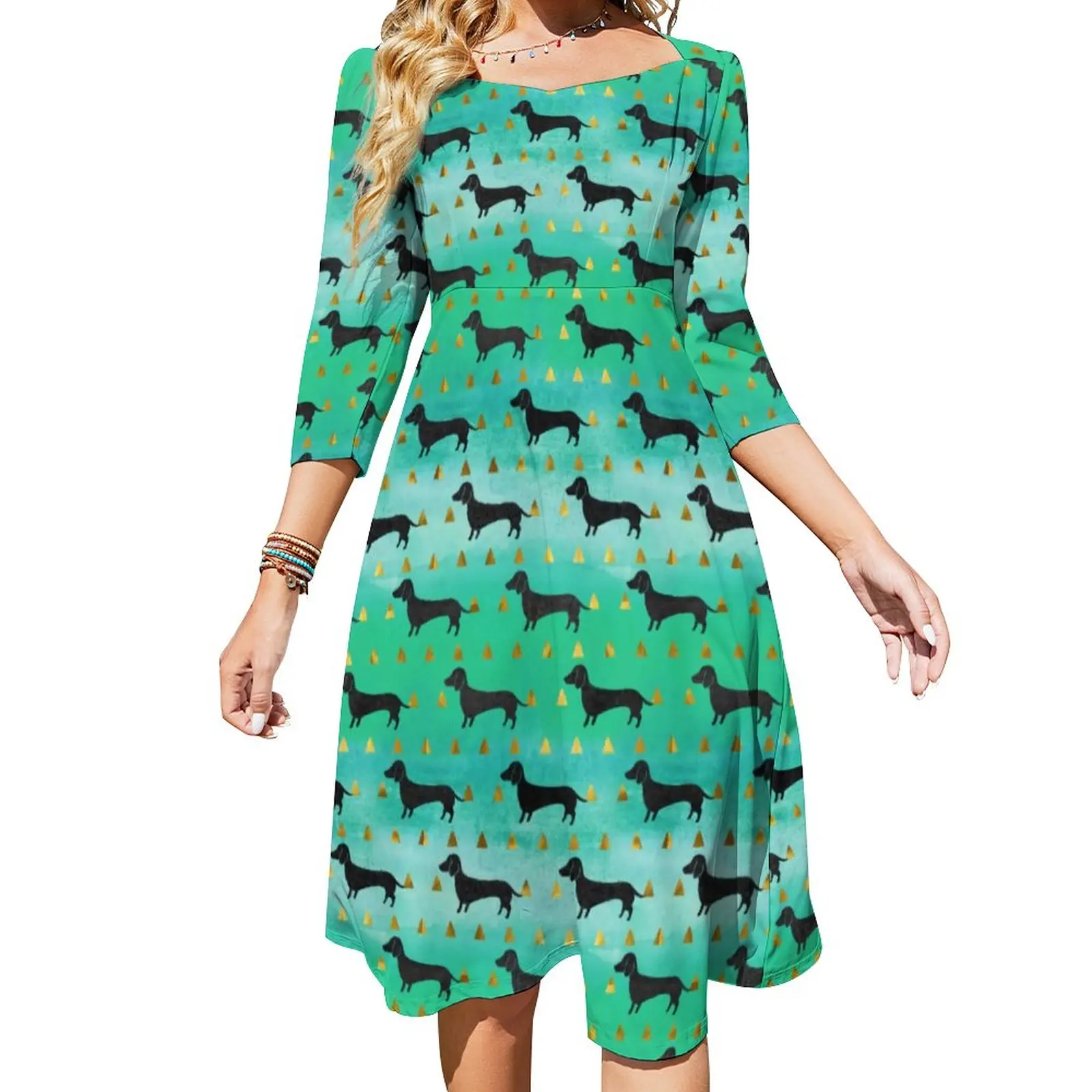 Dachshund Casual Dress Green and Gold Dog Kawaii Dresses Spring Sexy Square Collar Street Wear Custom Dress Large Size