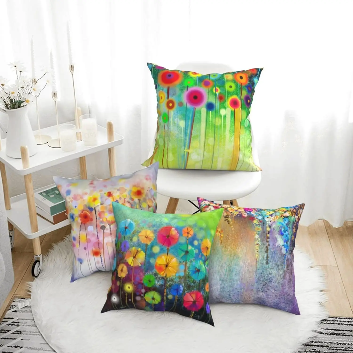 Abstract Floral Pillow Covers – Vibrant Spring Art 4-Pack Cushion Covers for Living Room, Bedroom, Farmhouse Décor