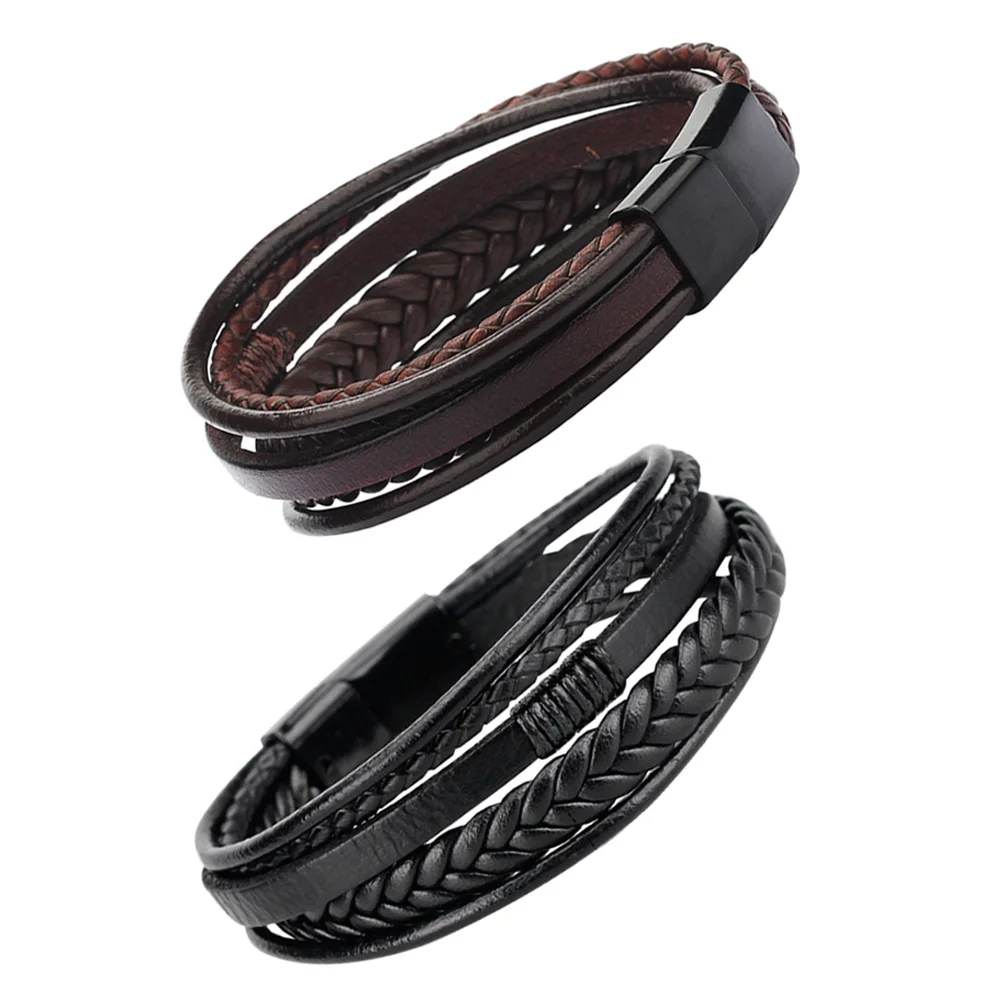 

2pcs Magnetic Buckle Braided Bracelets for Men Wristbands Fashion PU Alloy Handmade Ethnic Style Jewelry Accessories